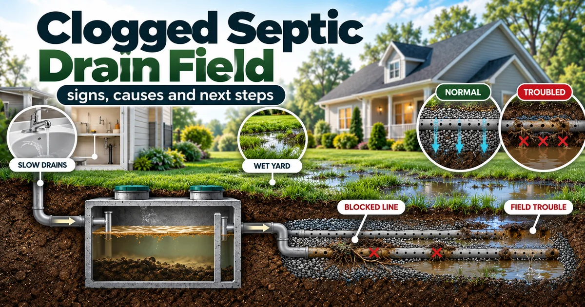 Clogged septic drain field illustration showing slow drains, wet yard, blocked line and normal versus troubled drainage.