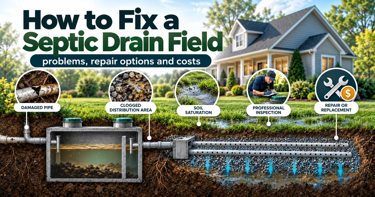 Septic drain field repair guide illustration showing damaged pipes, saturated soil, professional inspection and repair options.