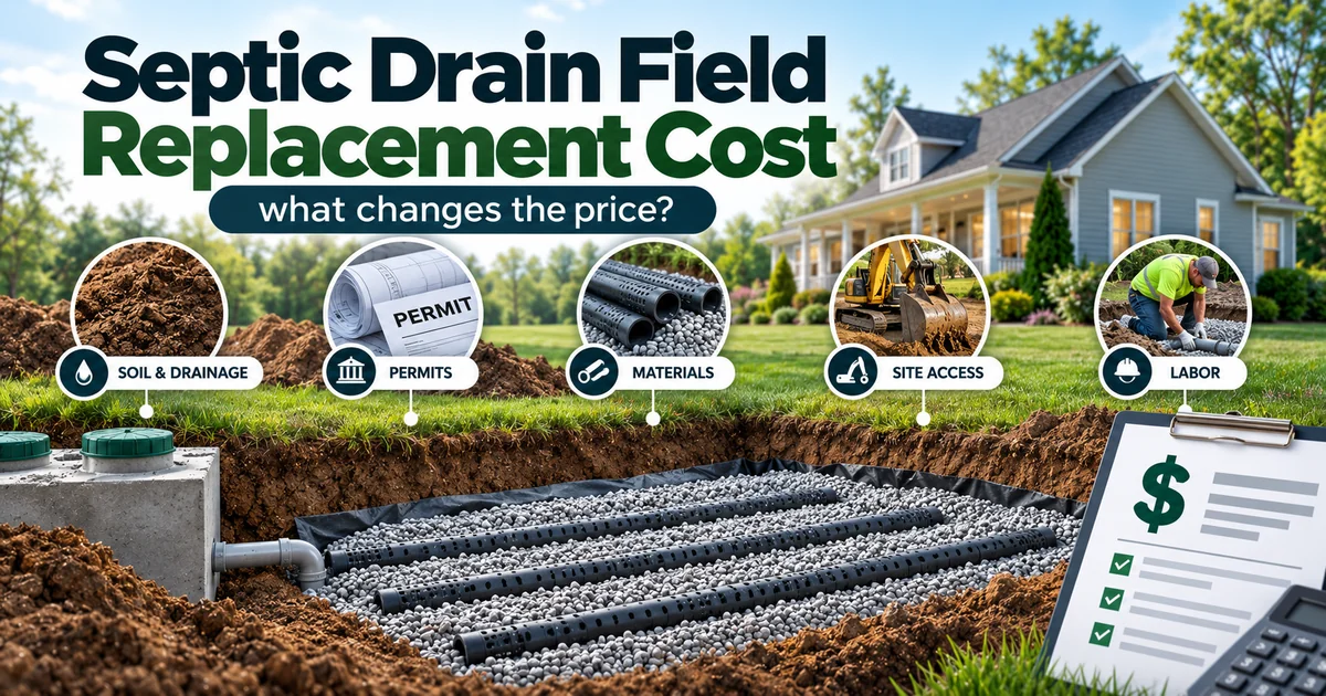 Septic drain field replacement cost illustration highlighting soil conditions, permits, materials, excavation and labor.