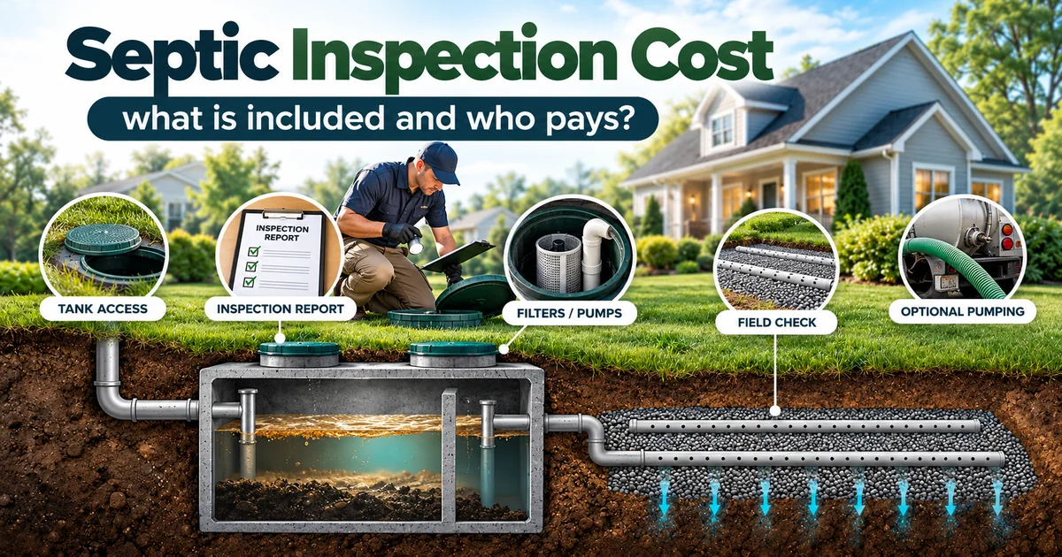 Septic inspection cost illustration showing tank access, inspection report, filters, pumps and drain field evaluation.