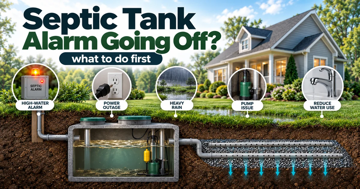 Septic tank alarm troubleshooting illustration showing a high-water alarm, power outage, heavy rain and pump issues.
