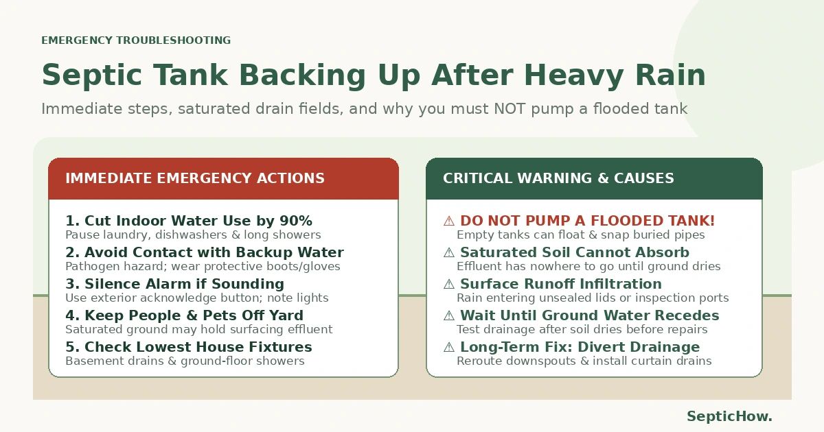Septic tank backing up after rain illustration highlighting saturated drain fields, runoff diversion, and critical warning not to pump flooded tanks.
