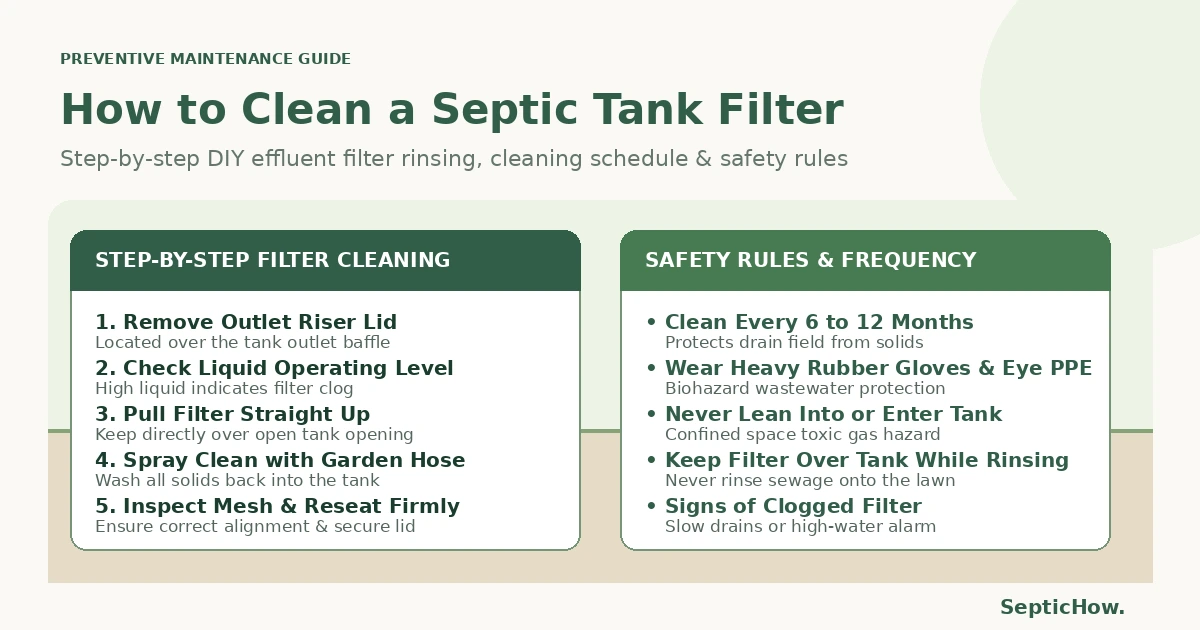 Septic tank effluent filter cleaning guide showing outlet baffle access, garden hose rinsing, tools and safety precautions.