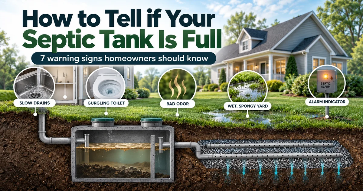 Signs of a full septic tank illustration with slow drains, gurgling toilet, odors, wet yard and septic alarm.